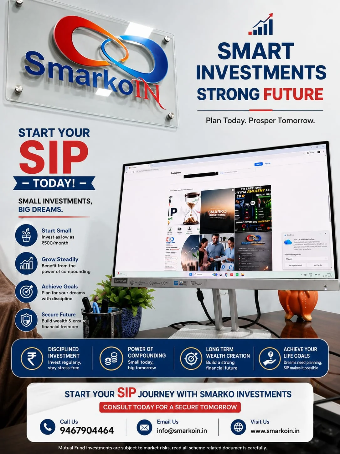 Actual SmarkoIn office poster explaining starting a SIP, compounding and investing for goals